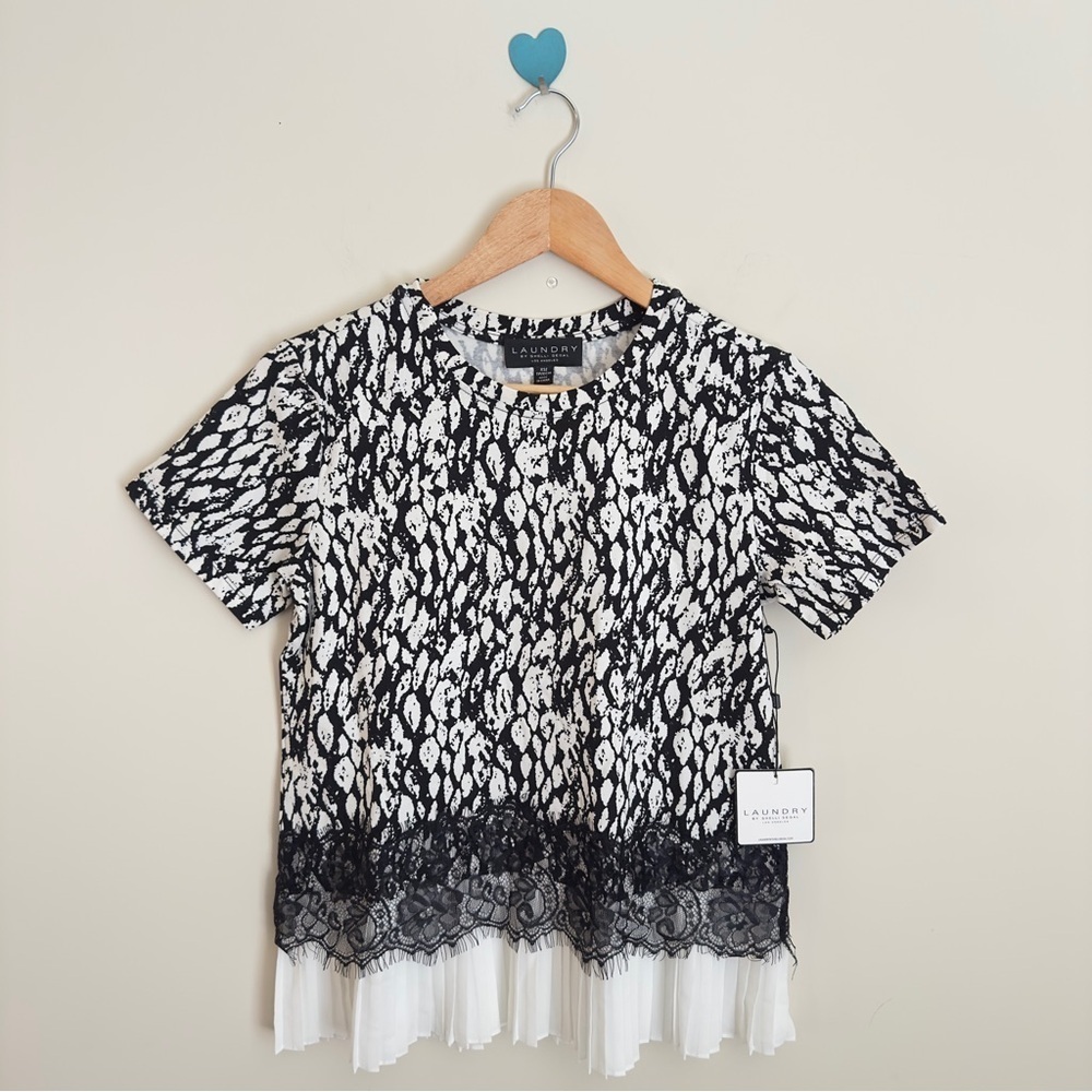 Laundry by Shelli Segal Women’s Short Sleeve Lace Insert Pleated T-Shirt Size XS